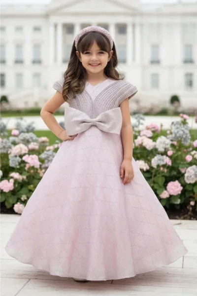 Blush Pink Shimmer Bow Detail Party Gown For Girls